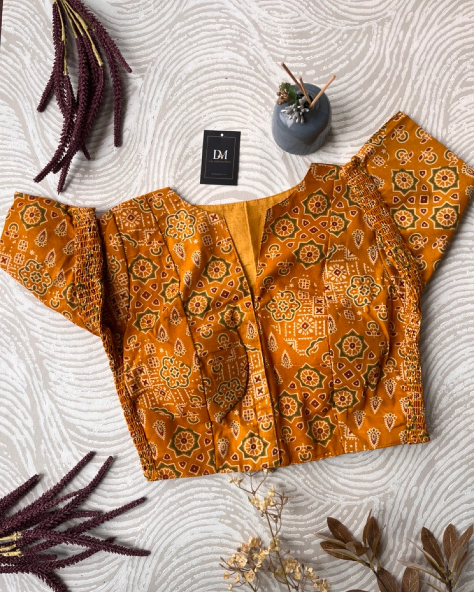 Yellow Ajrakh Cotton Stretchable Blouse - Readymade Saree Blouse