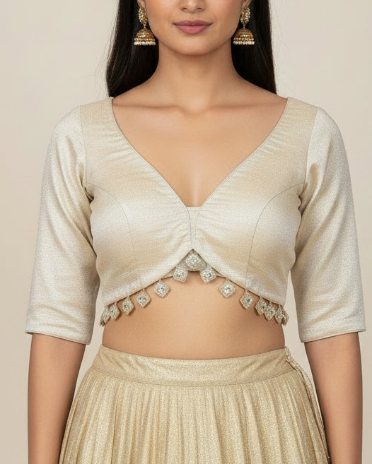 Off White Golden Zari Design Tissue Silk Blouse - Readymade Saree Blouse