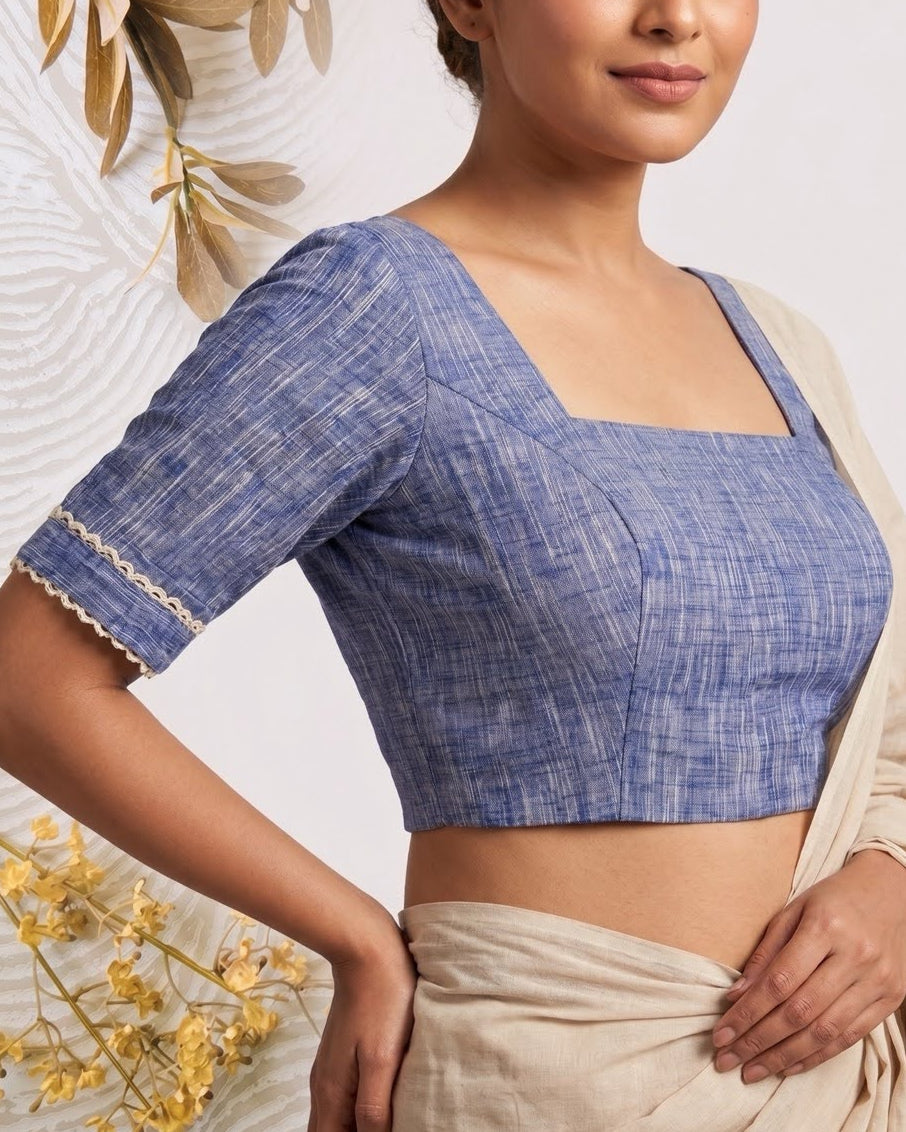 Blue Square Neck Blouse - Readymade Saree Blouse