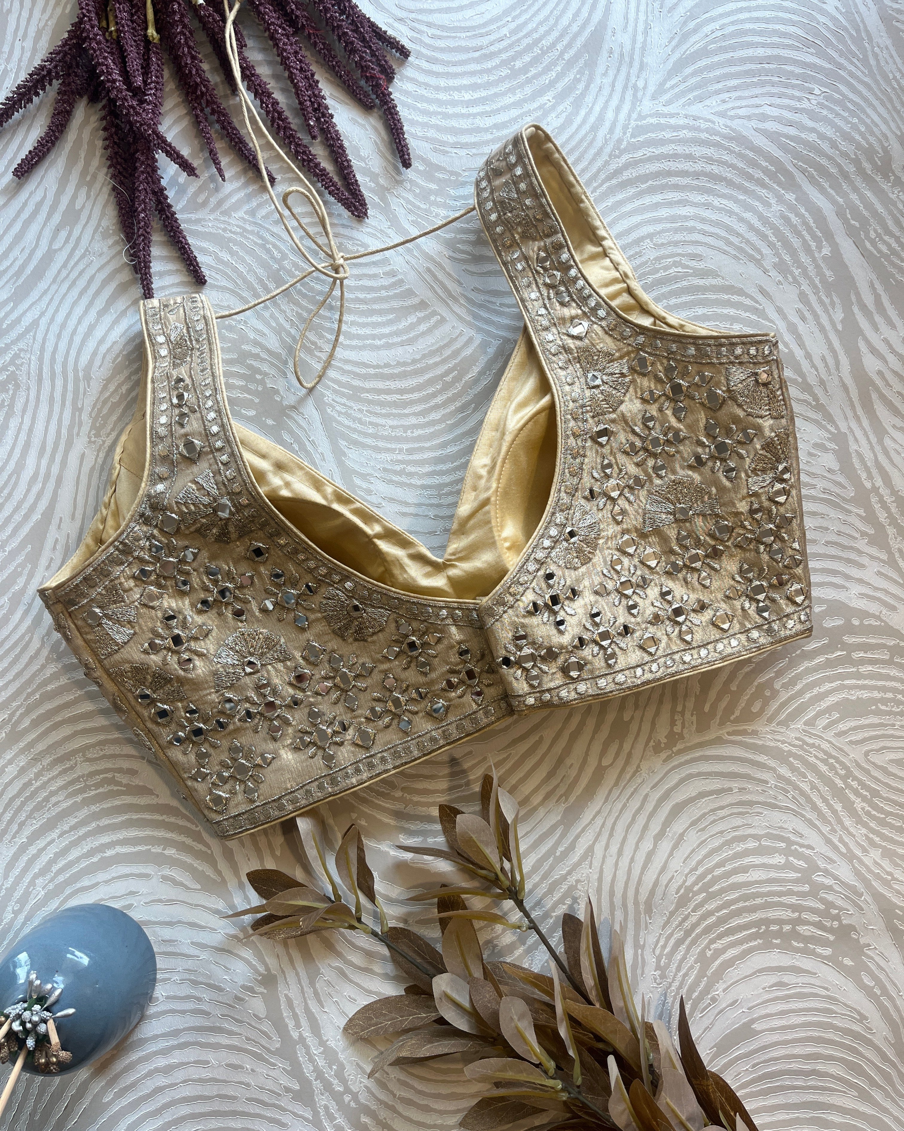 Gold Heavy Mirror Work Tissue Silk Blouse - Readymade Saree Blouse