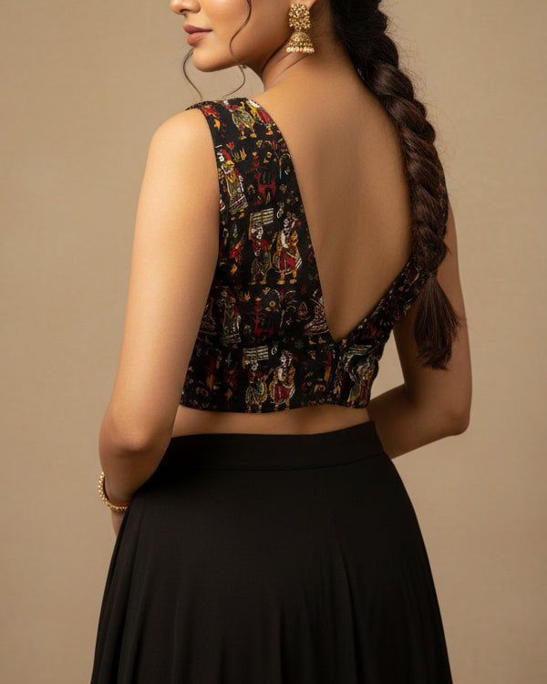 Black Printed Sleeveless Cotton Stretchable Blouse