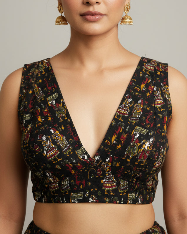 Black Printed Sleeveless Cotton Stretchable Blouse