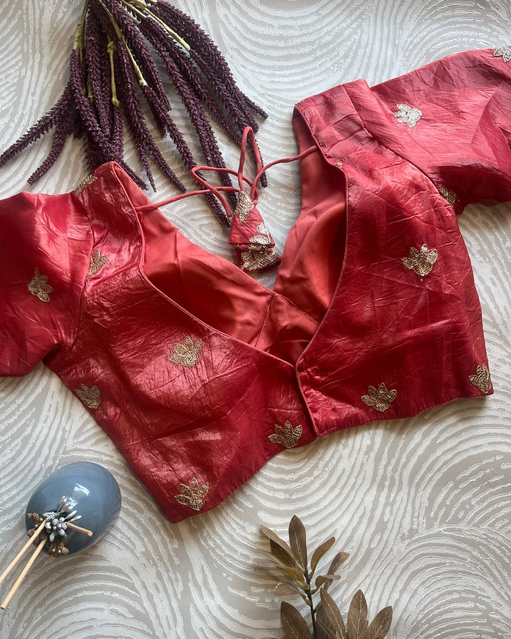 Orange Embroidered Tissue Silk Blouse