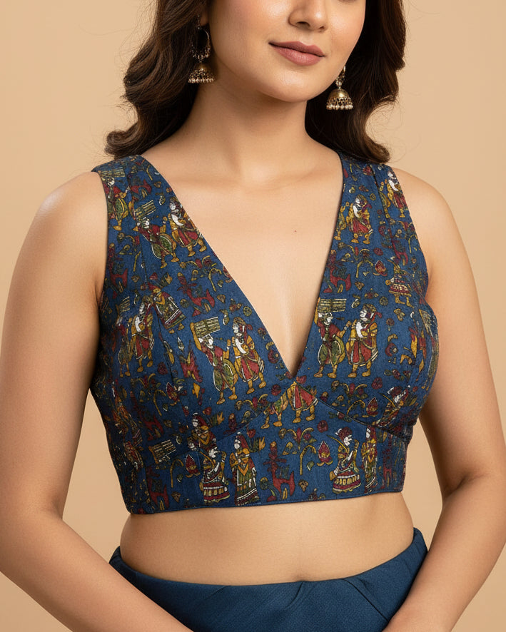 Blue Printed Sleeveless Cotton Stretchable Blouse