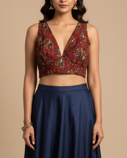 Maroon Printed Sleeveless Cotton Stretchable Blouse