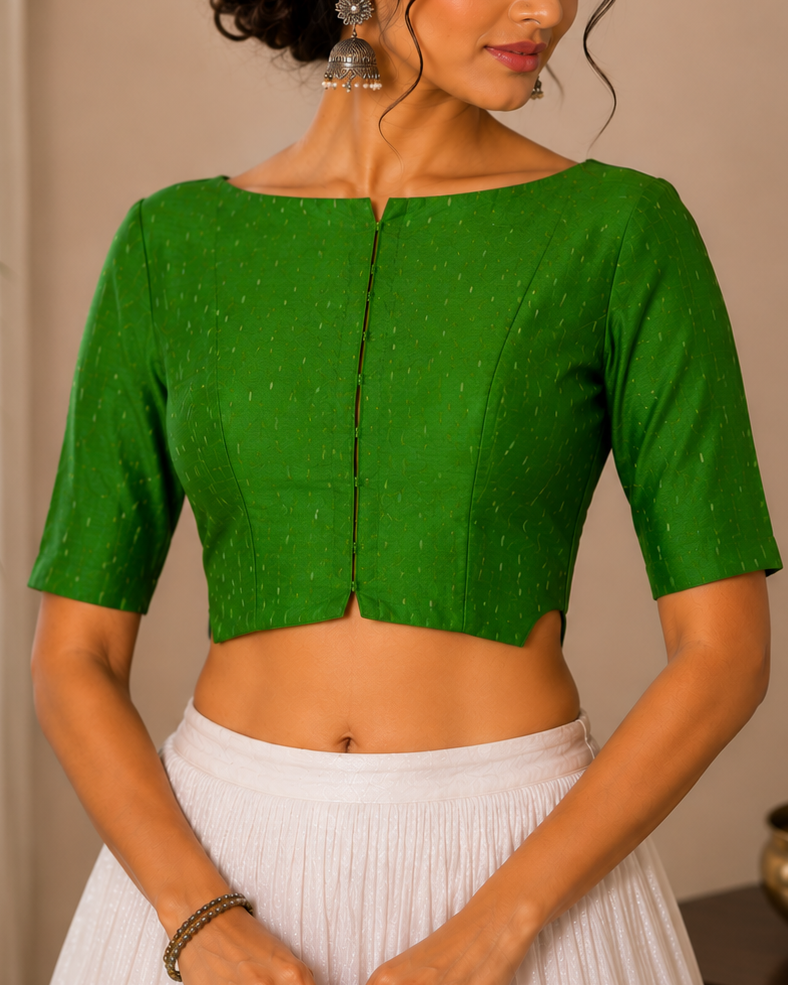 Green Plain Cotton Blouse - Readymade Saree Blouse