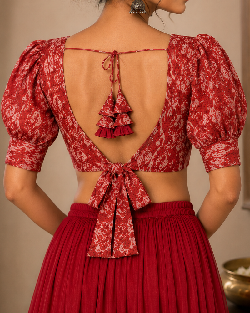 Red Digital Print Rayon Blouse - Readymade Saree Blouse