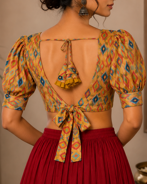 Yellow Digital Print Rayon Blouse - Readymade Saree Blouse