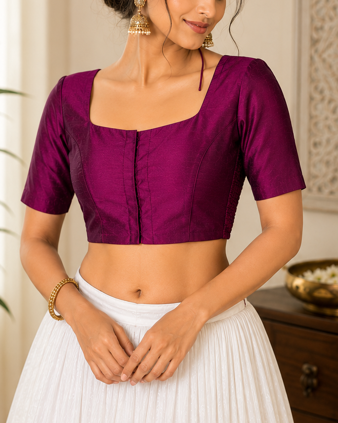 Purple Stretchable Raw Silk Blouse - Readymade Saree Blouse