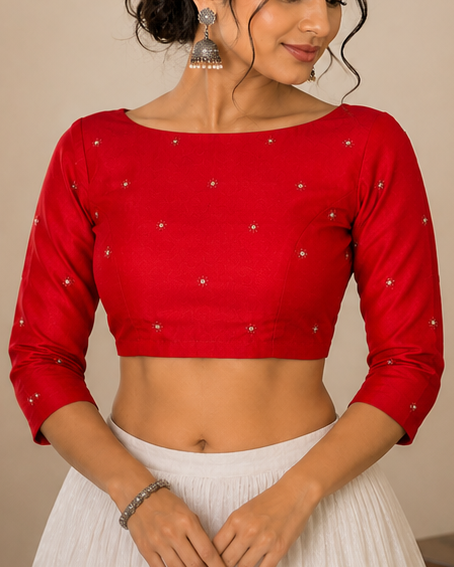 Red Light Mirror Work Blouse - Readymade Saree Blouse