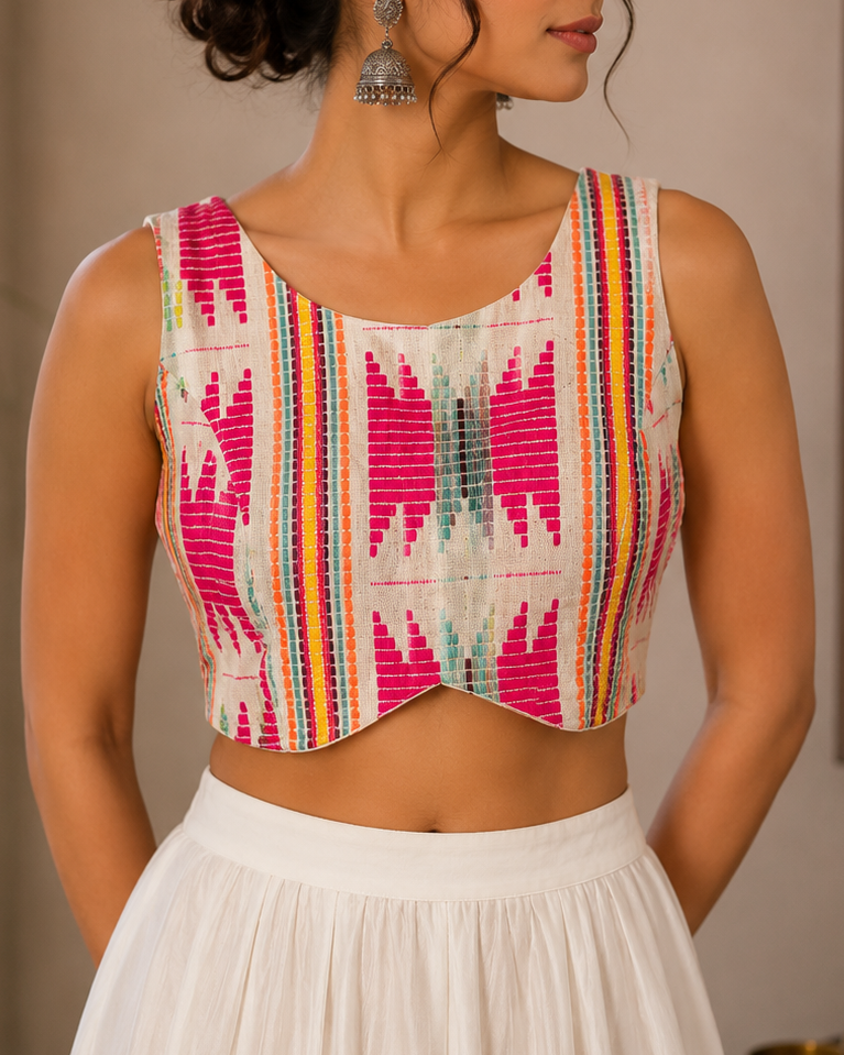 White Kashmiri Thread Work Khadi Cotton Blouse - Readymade Saree Blouse