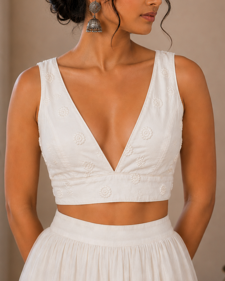 Off White Self Embroidery Cotton Blouse - Readymade Saree Blouse
