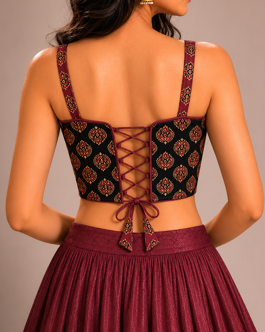 Red and Black Ajrakh Cotton Corset Blouse - Readymade Saree Blouse