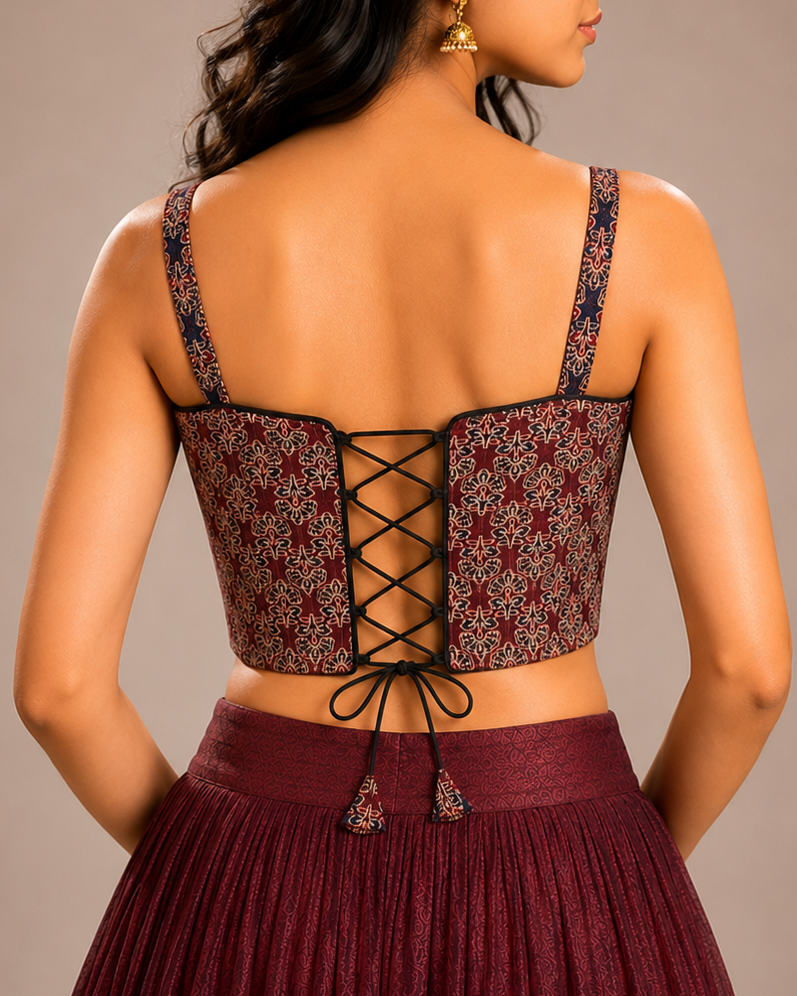 Maroon and Blue Ajrakh Cotton Corset Blouse - Readymade Saree Blouse