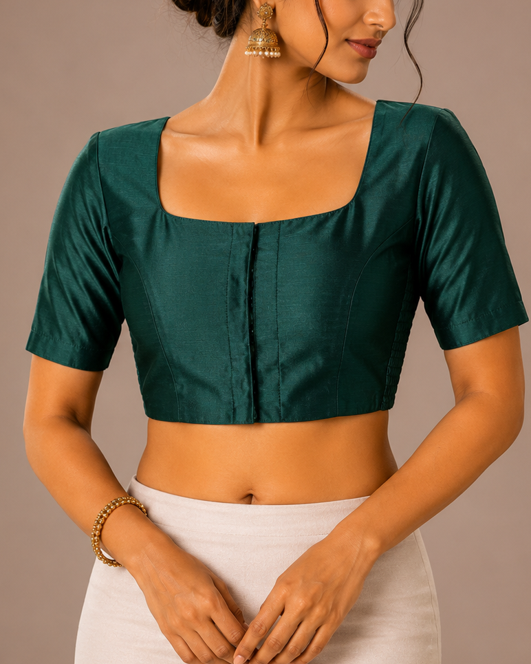Green Raw Silk Stretchable Blouse - Readymade Saree Blouse