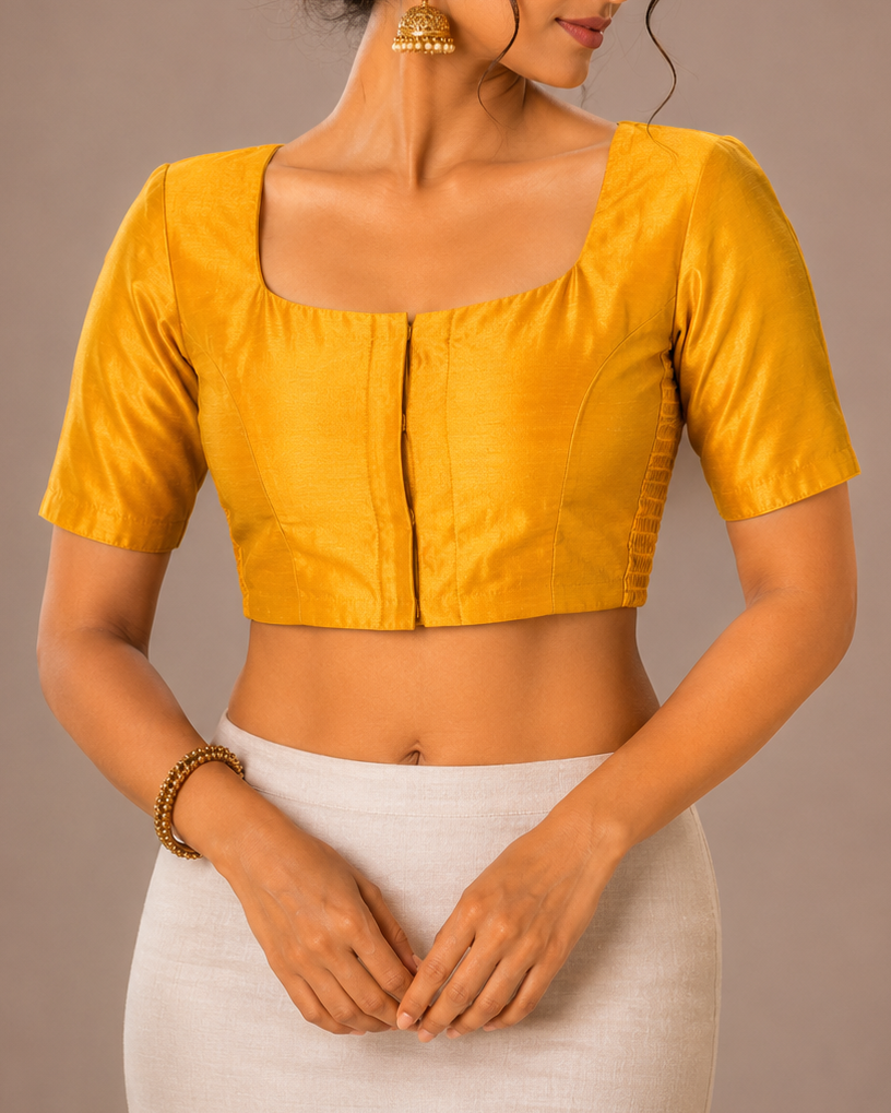 Yellow Raw Silk Stretchable Blouse - Readymade Saree Blouse