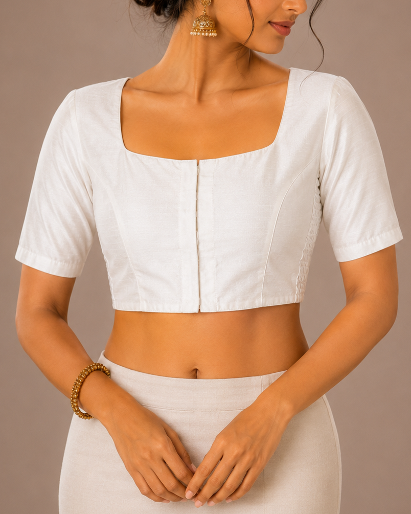White Raw Silk Stretchable Blouse - Readymade Saree Blouse