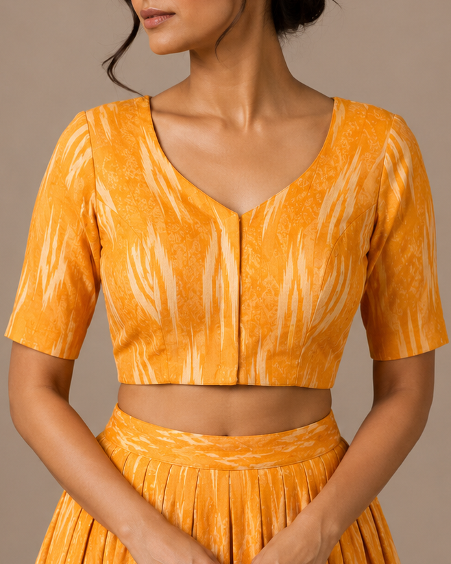 Yellow Ikkat Cotton Blouse - Readymade Saree Blouse