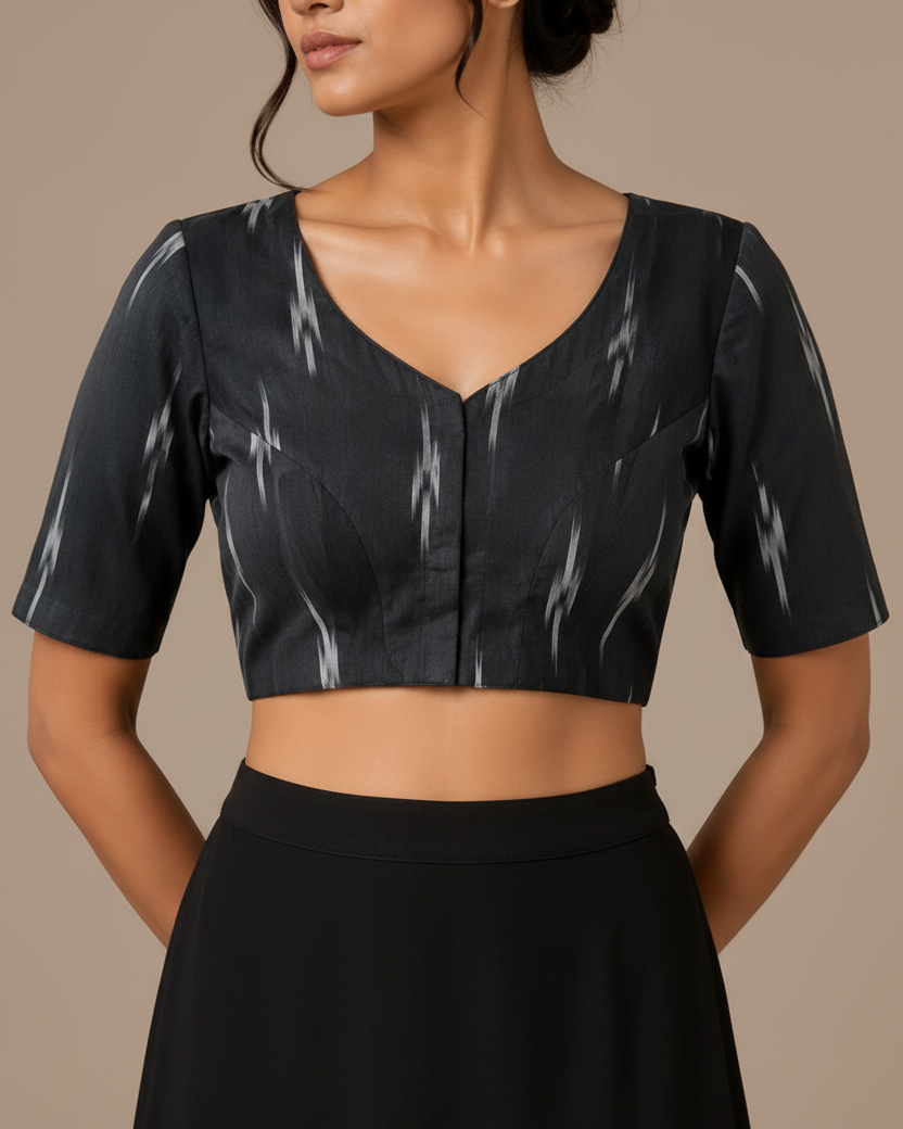Black Ikkat Cotton Blouse - Readymade Saree Blouse