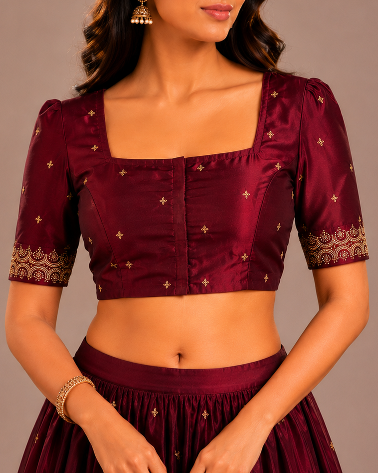 Maroon with Gold Embroidery Work Blouse - Readymade Saree Blouse