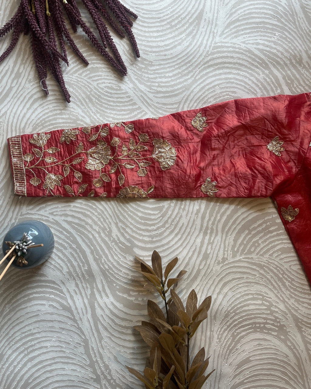 Orange Embroidered Tissue Silk Blouse