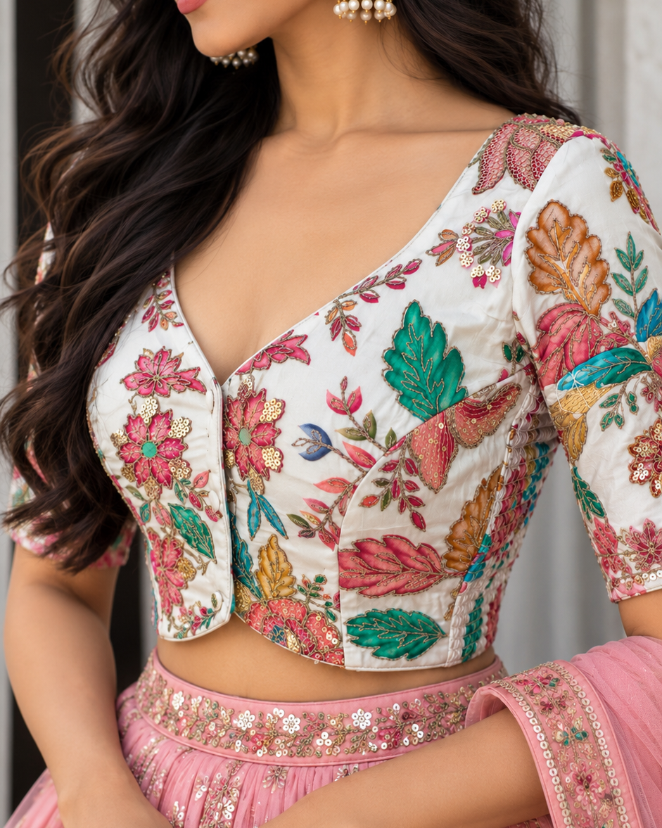 White Crepe Floral Stretchable Blouse