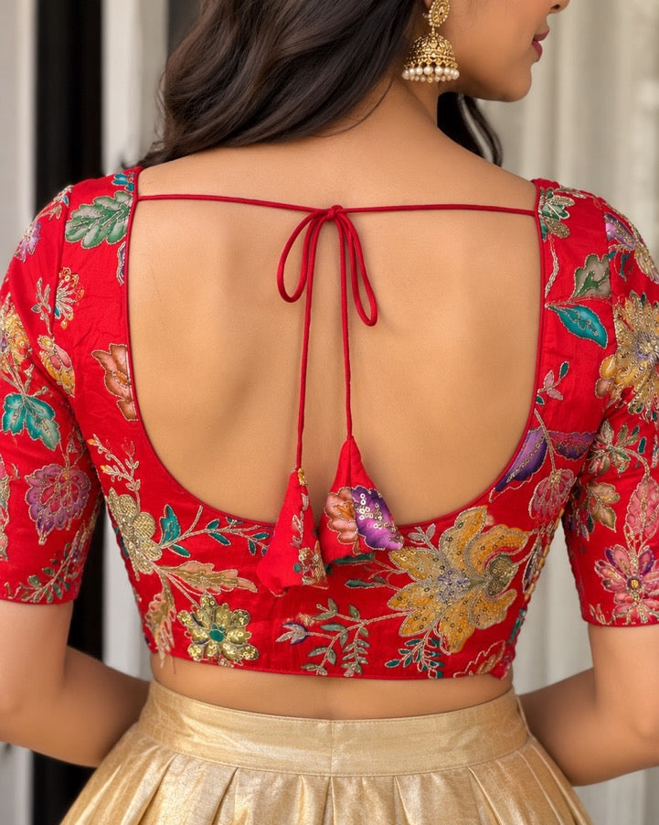 Red Crepe Floral Stretchable Blouse