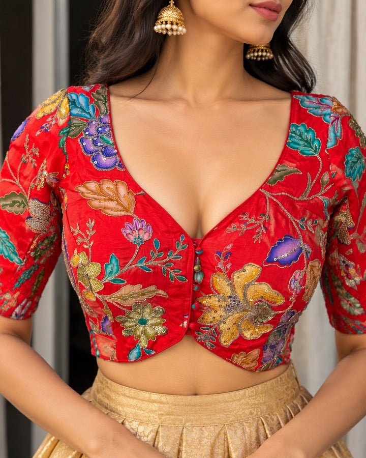 Red Crepe Floral Stretchable Blouse