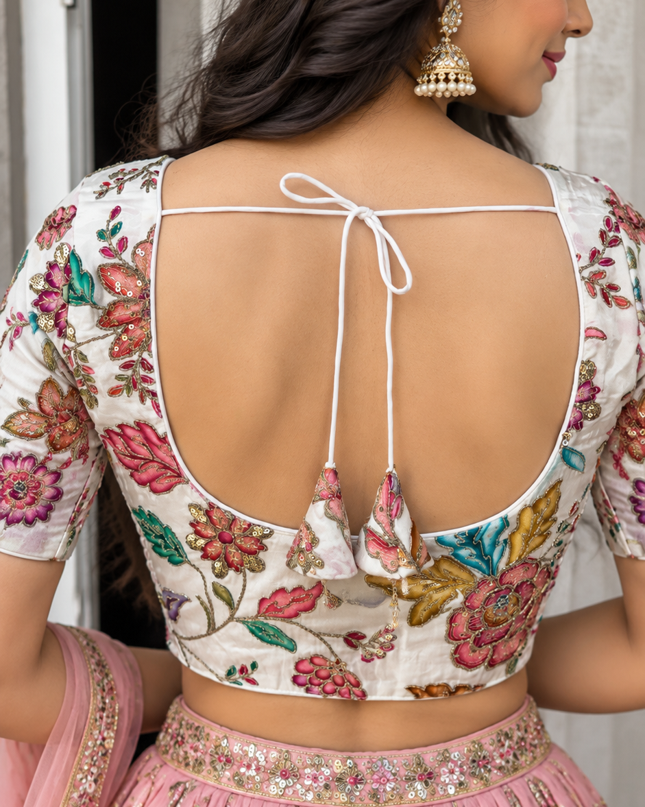 White Crepe Floral Stretchable Blouse