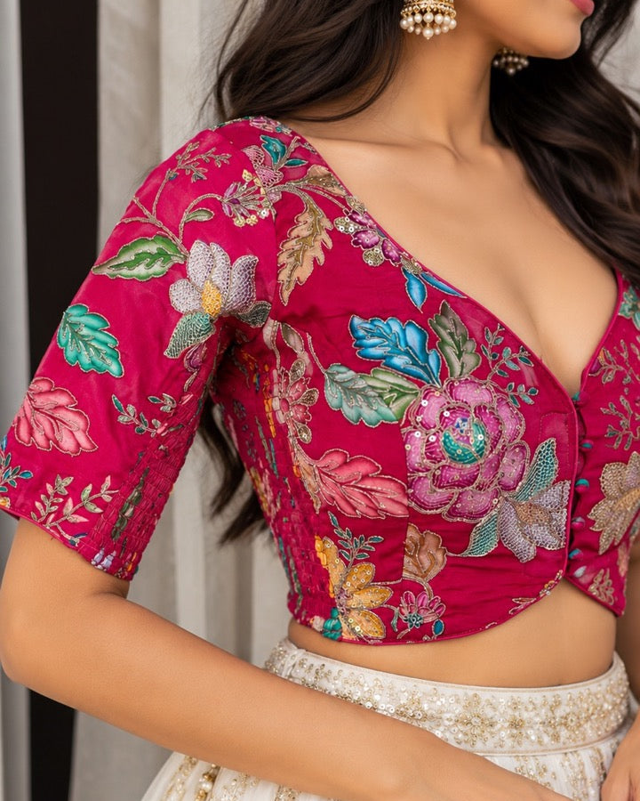Rani Pink Crepe Floral Stretchable Blouse
