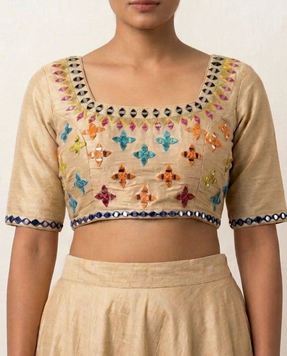Gold Tissue Mirror Work Blouse - Readymade Saree Blouse