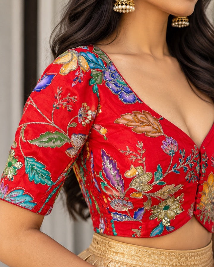 Red Crepe Floral Stretchable Blouse