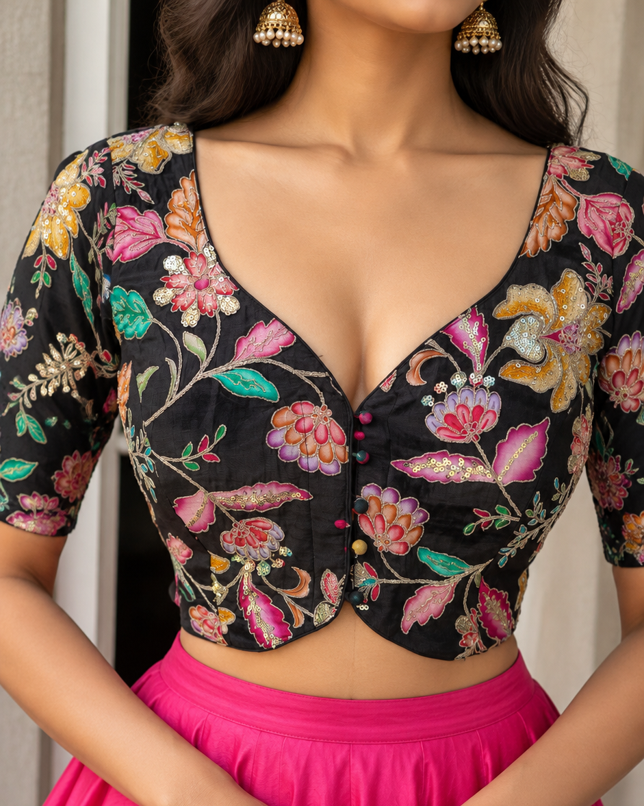Black Crepe Floral Stretchable Blouse