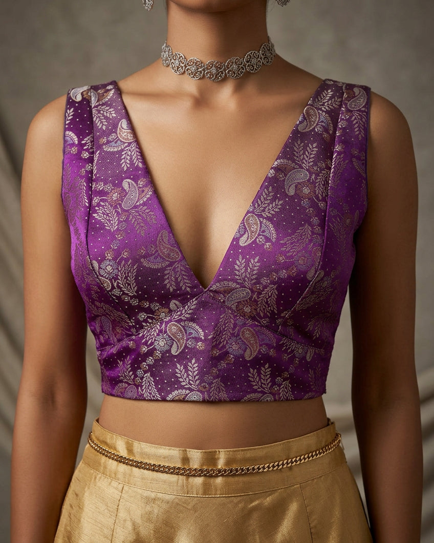 Violet Banarasi Stretchable Blouse Sleeveless