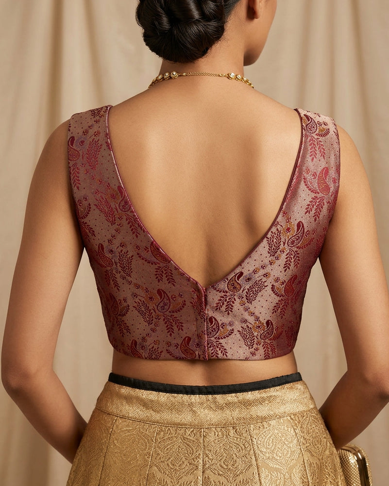 Maroon Banarasi Stretchable Blouse Sleeveless