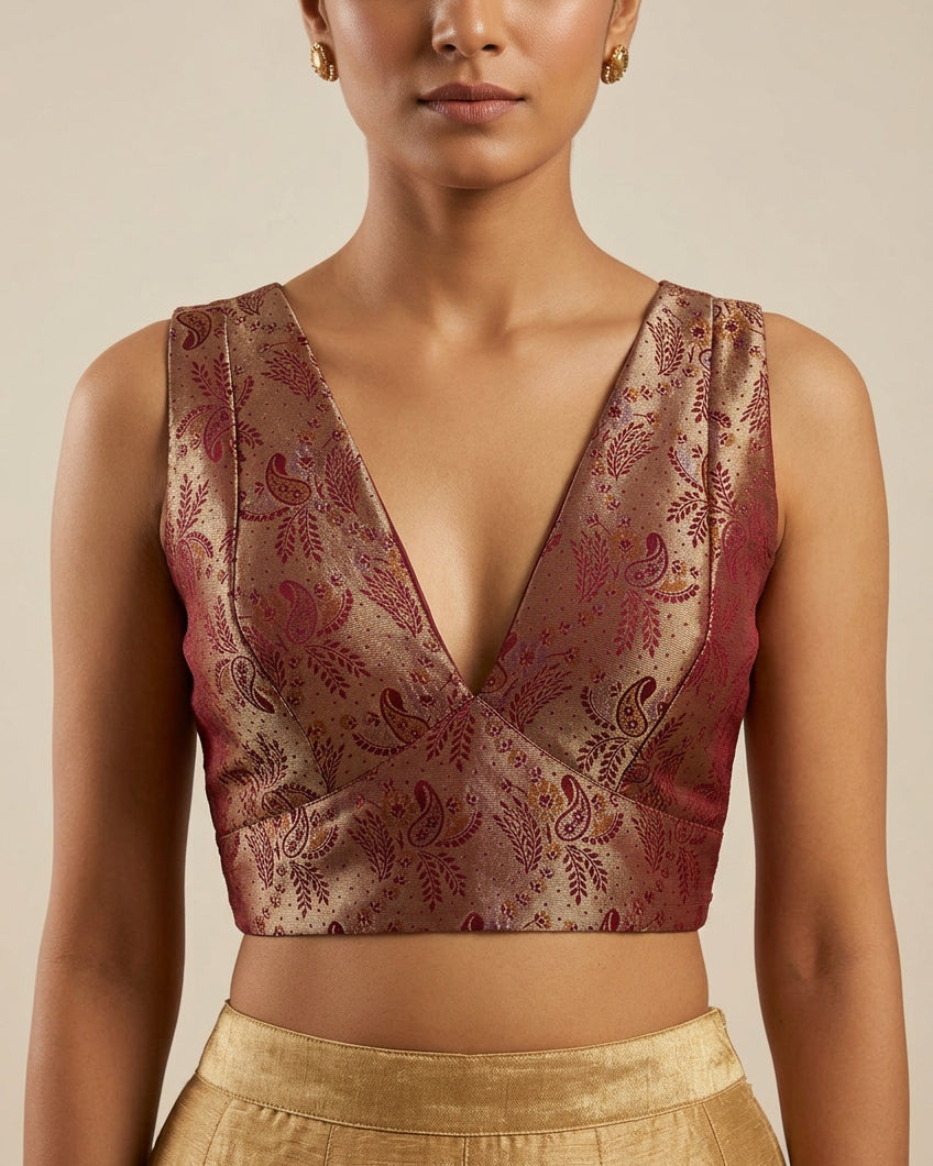 Maroon Banarasi Stretchable Blouse Sleeveless