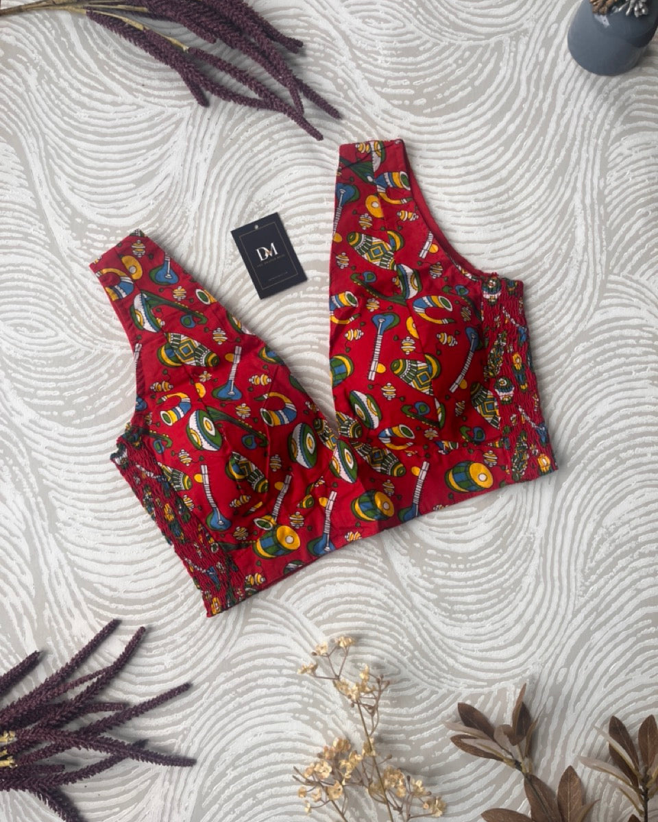 Red Ajrakh Sleeveless Cotton Stretchable Blouse - Readymade Saree Blouse