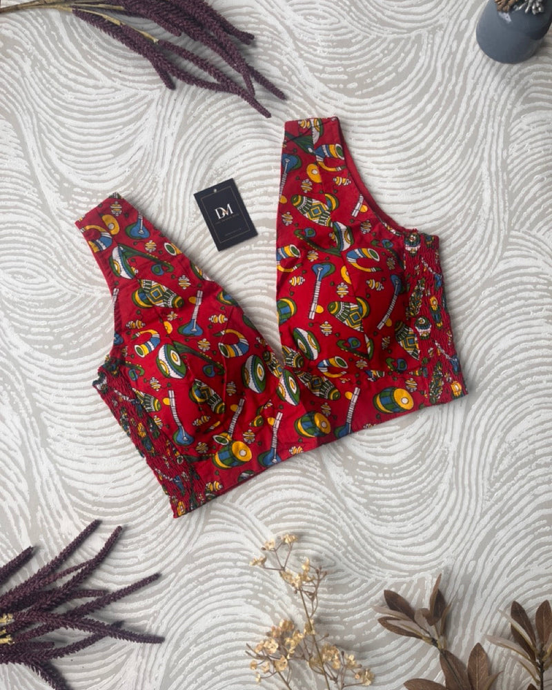 Red Ajrakh Sleeveless Cotton Stretchable Blouse - Readymade Saree Blouse