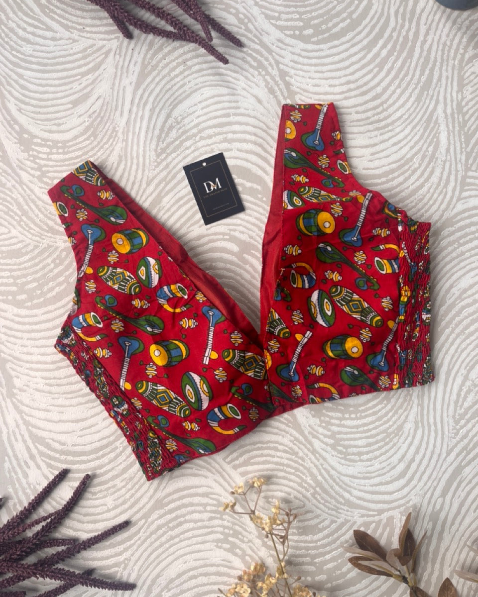 Red Ajrakh Sleeveless Cotton Stretchable Blouse - Readymade Saree Blouse