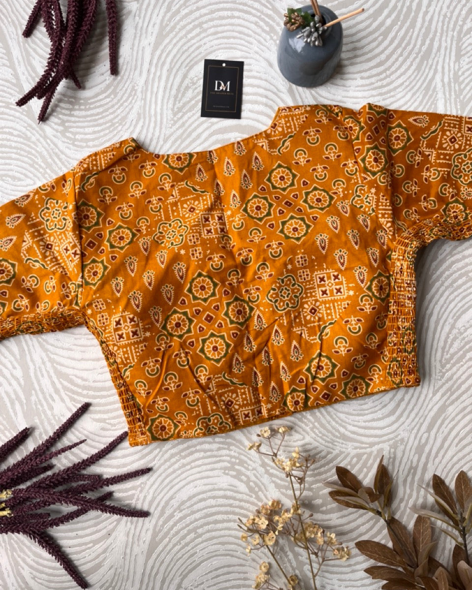 Yellow Ajrakh Cotton Stretchable Blouse - Readymade Saree Blouse