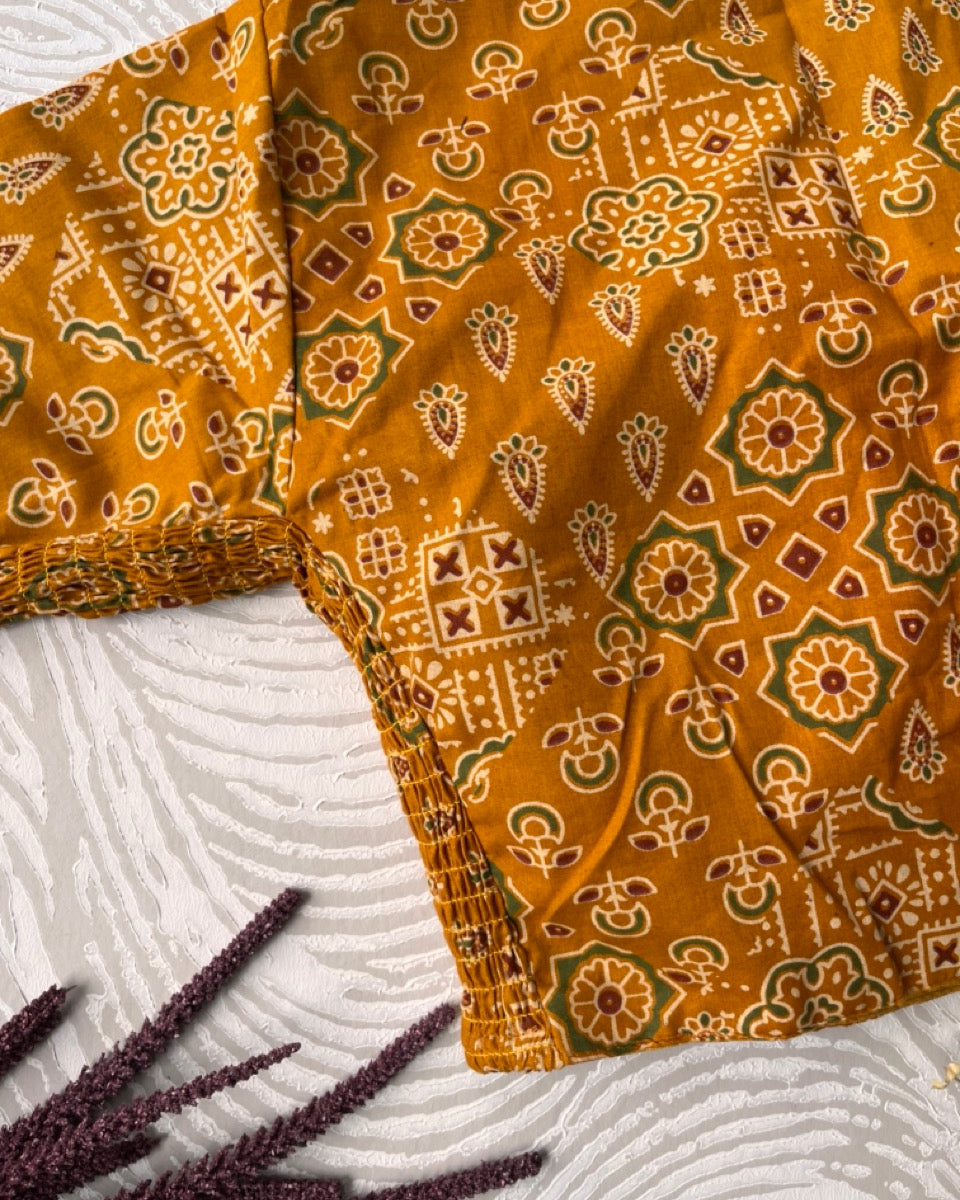 Yellow Ajrakh Cotton Stretchable Blouse - Readymade Saree Blouse