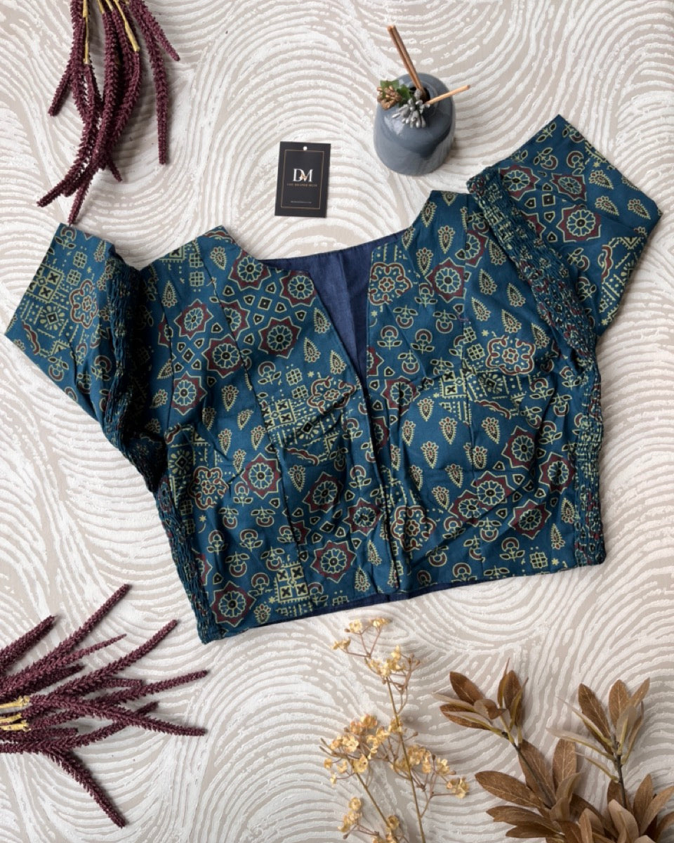 Blue Ajrakh Cotton Stretchable Blouse - Readymade Saree Blouse