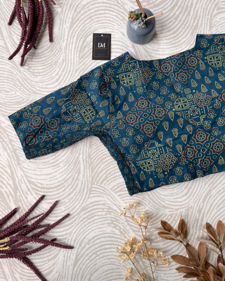 Blue Ajrakh Cotton Stretchable Blouse - Readymade Saree Blouse