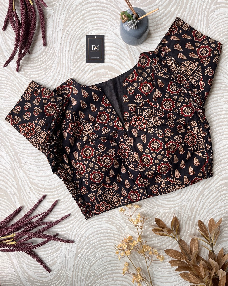 Black Ajrakh Cotton Stretchable Blouse - Readymade Saree Blouse