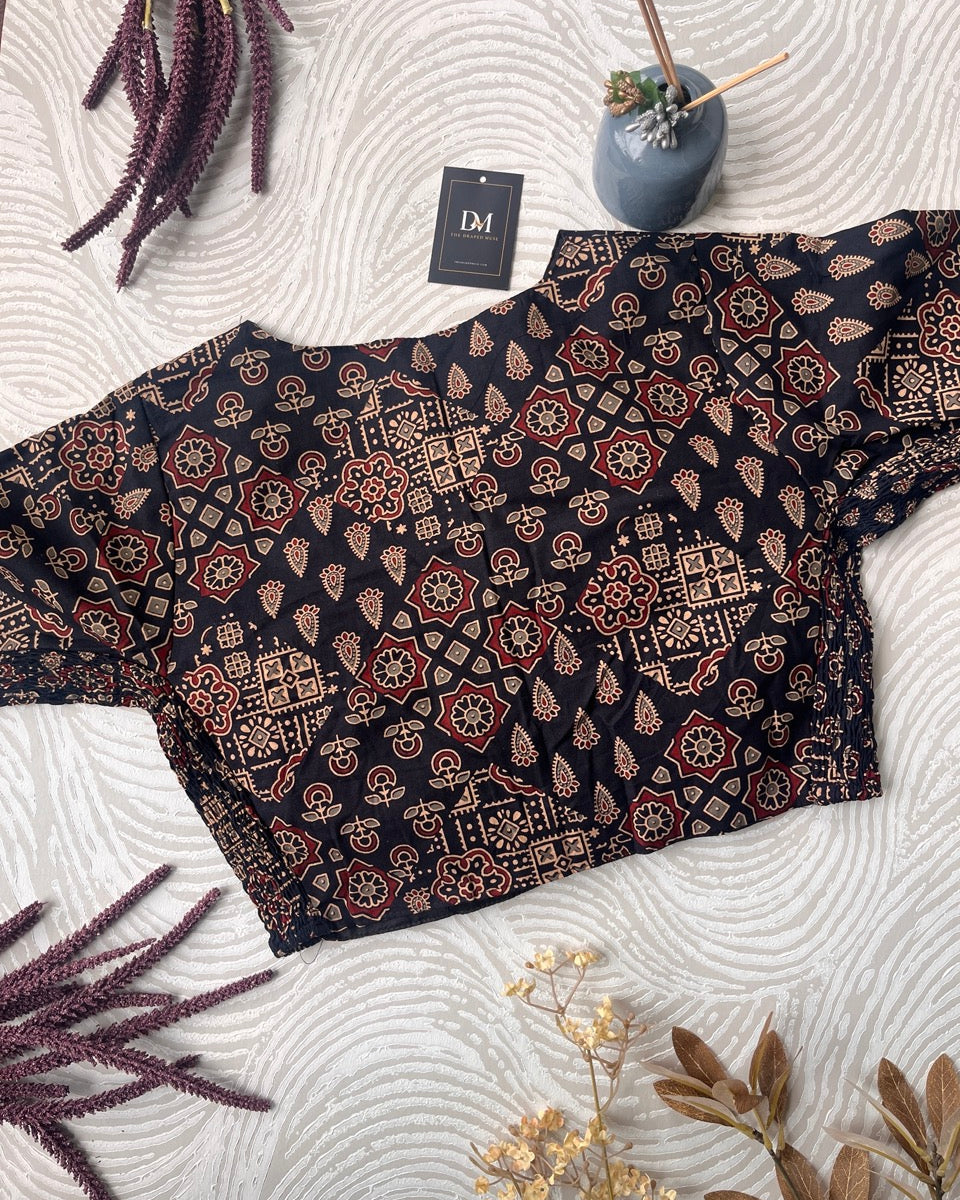 Black Ajrakh Cotton Stretchable Blouse - Readymade Saree Blouse