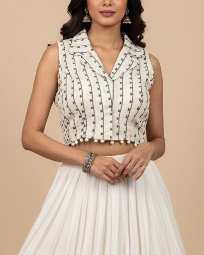 White Cotton Collared Stretchable Blouse - Readymade Saree Blouse
