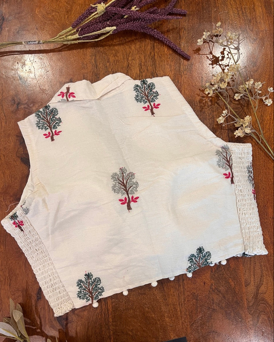 White Cotton Collared Stretchable Blouse - Readymade Saree Blouse