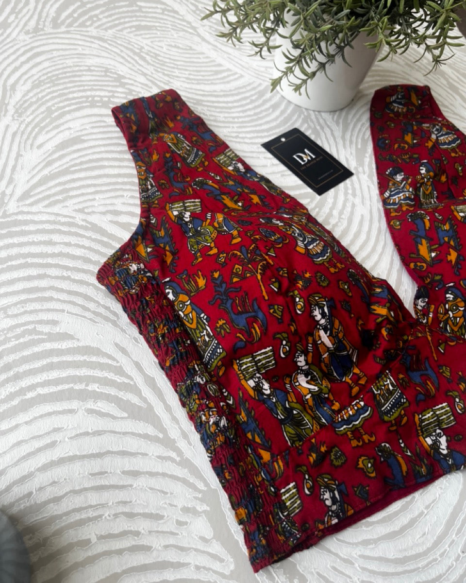 Maroon Printed Sleeveless Cotton Stretchable Blouse