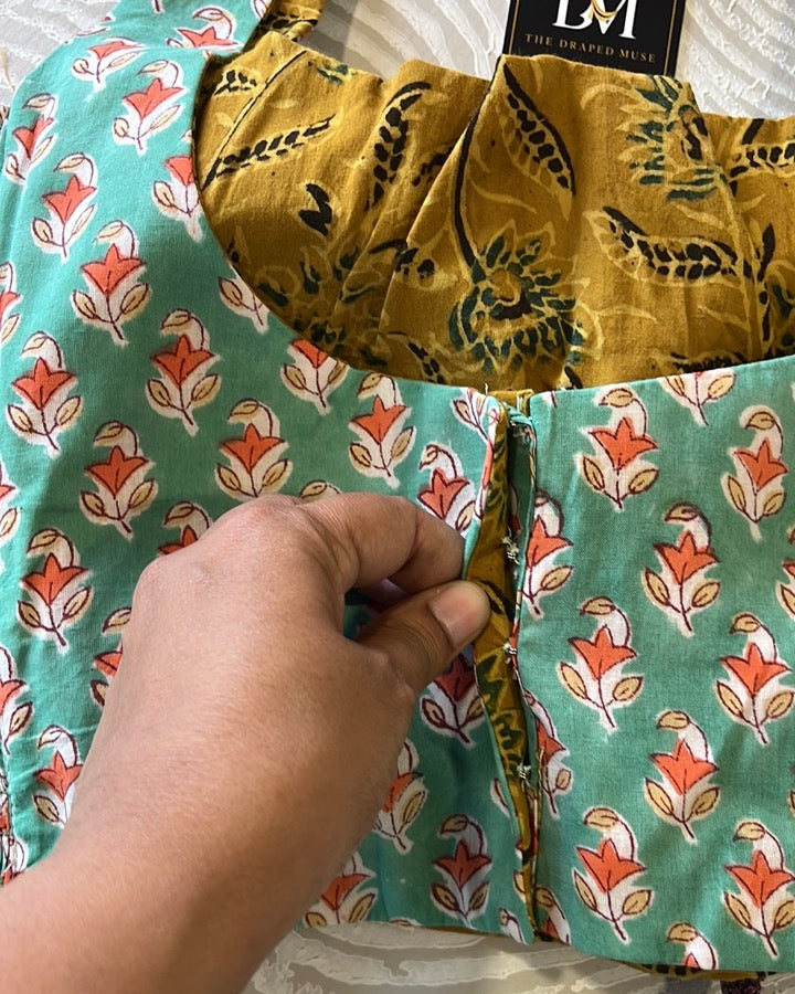The Dual Muse Reversible Cotton Stretchable Blouse - Mustard & Teal