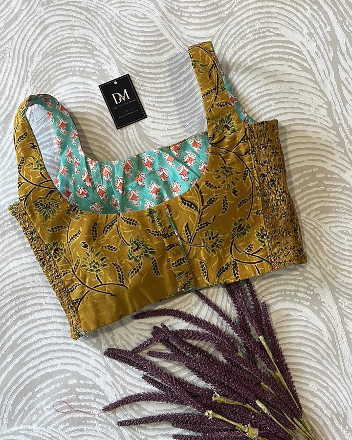 The Dual Muse Reversible Cotton Stretchable Blouse - Mustard & Teal